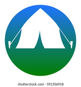 Tourist tent sign. Vector. White icon in bluish circle on white background. Isolated.