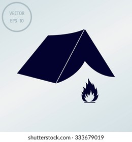 Tourist tent. Single icon. Vector illustration with fire icon