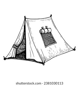 Esbozo de carpa turística. Vacaciones de campamento. Ilustración dibujada a mano.