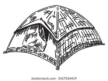 Tourist tent sketch. Clipart of hiking equipment, travel attribute. Hand drawn vector illustration isolated on white.