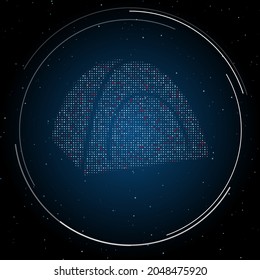 The tourist tent symbol filled with white dots. Pointillism style. Some dots is red. Vector illustration on blue background with stars