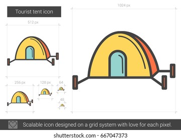 Icono de la línea portadora de tiendas de campaña turística aislado en fondo blanco. Icono de línea de tiendas de campaña para infografía, sitio web o aplicación. Icono escalable diseñado en un sistema de cuadrícula.