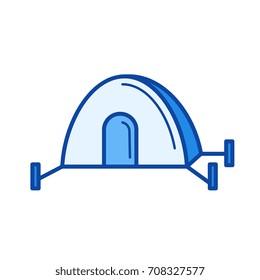 Icono de la línea portadora de tiendas de campaña turística aislado en fondo blanco. Icono de línea de tiendas de campaña para infografía, sitio web o aplicación. Icono azul diseñado en un sistema de cuadrícula.