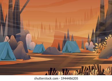Tourist tents camping in forest area and sunrise in the morning, landscape nature background with lake and hills,  horizontal summer camp concept