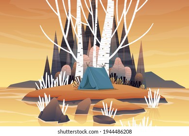 Tourist tents camping in forest area and sunrise in the morning, landscape nature background with lake and hills,  horizontal summer camp concept