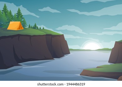 Tourist tents camping in forest area and sunrise in the morning, landscape nature background with water mountains and hills,  horizontal summer camp concept