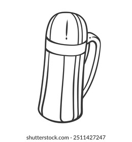 Icono de la línea de la botella del termo turístico. Guardar Perfilar el frasco de vacío térmico con la manija para calentar el té y la bebida del café en viaje. Mascota de equipo de senderismo, Ilustración vectorial de termo de agua caliente dibujada a mano