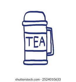 Tourist thermos with tea. Hiking item. Vector illustration. Hand drawn sketch. Blue pen or marker drawing. Primitive kids picture