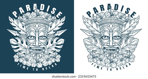 Tourist Tiki mask monochrome poster with stone sculpture with spears and exotic flora for inviting tourists to island vector illustration
