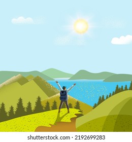 A tourist at the top of the ascent looks at the valley, the lake. Concept of adventure, hiking, adventure tourism and travel.