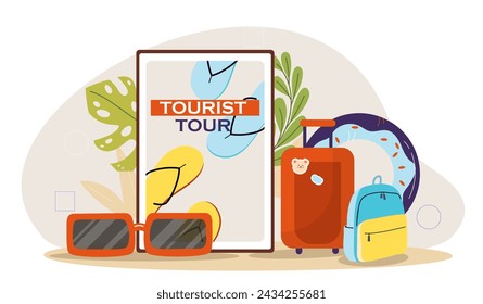 Tourist tour concept. Sunglasses and luggage with backpack. Pack for travel and tourism. Holiday and vacation in tropical countries. Cartoon flat vector illustration isolated on white background