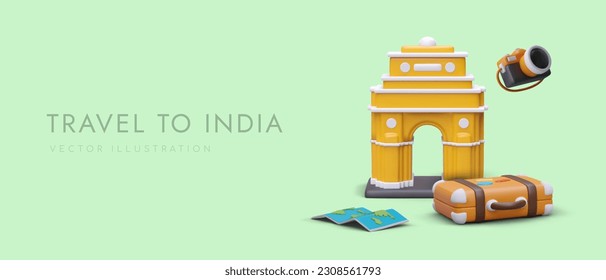 Tourist tours to India. Journey of impressions. Historical sights of Asia. Visiting outstanding places. Beautiful memorable photos. Advertising template with realistic objects