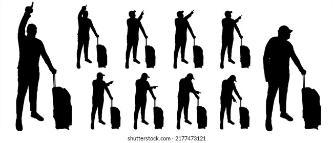 A tourist in a tracksuit and cap indicates the direction with his hand and finger. Side view. A tourist with a suitcase on wheels is standing. Ten black male silhouettes isolated on white background