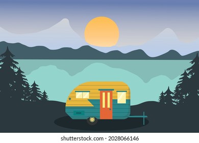 tourist trailer in nature near the lake of firs and mountains. Sunrise. The concept of travel and recreation in nature. Minimalistic vector image. Empty space for text.