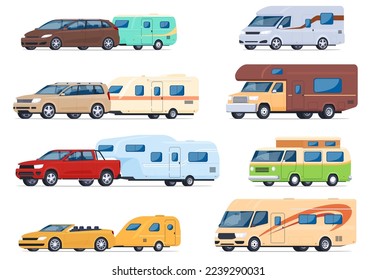 Tourist trailers for travel and recreation. Towed camping trailers with cars. House on wheels. Vector illustration