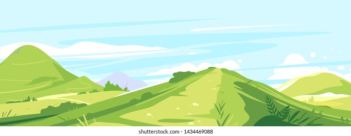 Tourist trails in the beautiful green mountains in sunny day, hiking travel concept illustration background