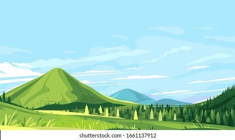 Tourist Trails In The Beautiful Green Mountains In Sunny Day, Hiking Travel Concept Illustration Background, Conquer The Top Of The Mountains