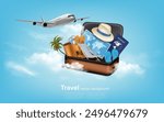 Tourist transport background. Airplane, luggage with travel items. Banner design for tourist advertising. Vector.
