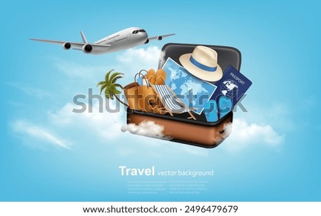 Tourist transport background. Airplane, luggage with travel items. Banner design for tourist advertising. Vector.