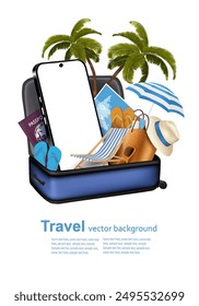 Tourist transport concept. Luggage, globe,  smartphone and travel items. Banner design for travel advertising. Vector.