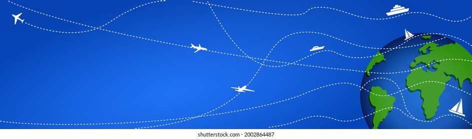 Tourist travel around the world. international flights or cargo transportation on blue background. Flight around the world. Wide vector banner with copy space for text.