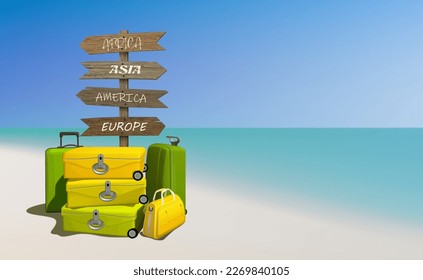 Tourist travel around the world. Vector illustration of a set of suitcases lying near a travel direction sign. Sketch for creativity.