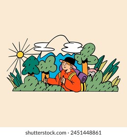 Tourist travel with backpack. Flat vector illustration isolated on background.

