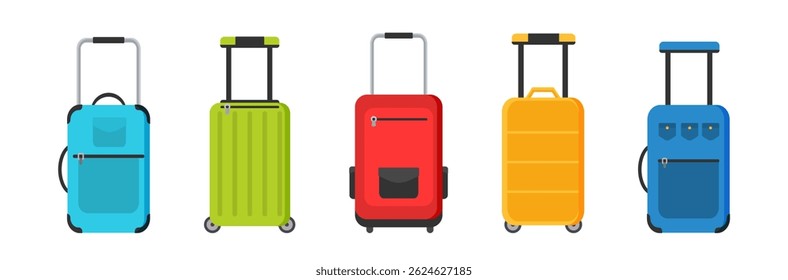 Tourist travel bag with silver wheels and vertical standing position plastic body new design accessory for airport journey isolated view no people recreation storage vacation trolley

