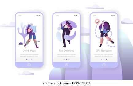 Tourist Travel with Bakcpack Mobile App Set. People Trekking Adventure Lifestyle. Man Character Hiking to Map Route Guide Concept for Website or Web Page. Vector Flat Cartoon Illustration