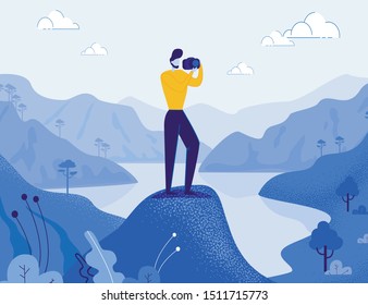 Tourist, Travel Blogger on Mountain Top Takes Photo Surroundings on Rock Landscape Backdrop. Climbing, Trekking and Hiking, Shooting Beautiful Views. Blogging and Hobby. Flat Vector Illustration.