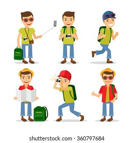 Tourist travel character with camera, backpack and sunglasses. Vector illustration.