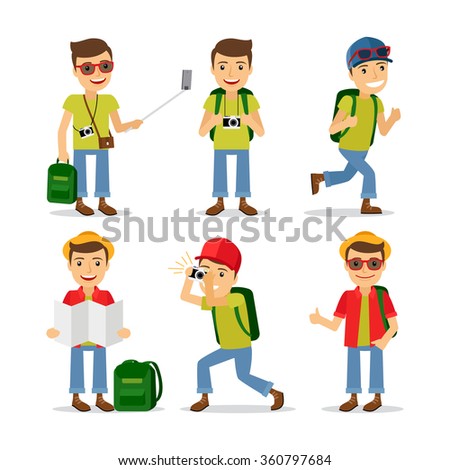 Tourist travel character with camera, backpack and sunglasses. Vector illustration.