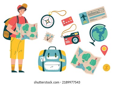 Tourist travel character with vacation tools objects isolated set collection. Vector graphic design illustration