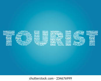 TOURIST travel concept made with words cities names, vector collage