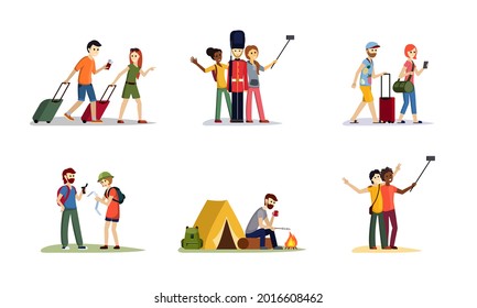 Tourist travel and hiking set. Man and woman walk with bags and tickets take selfie with british guardsman have lunch campfire near tent orienteer using map. Vector cartoon lifestyle.