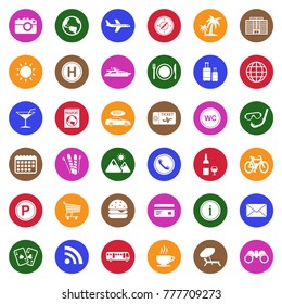 Tourist And Travel Icons. White Flat Design In Circle. Vector Illustration. 