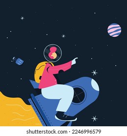 tourist travel in space by rocket. Man ride rock into space.Space minimal flat illustration.Space design.