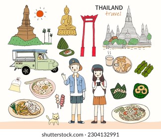 Tourist travel in Thailand, landmark, thai food, market. Hand drawn style vector illustration.