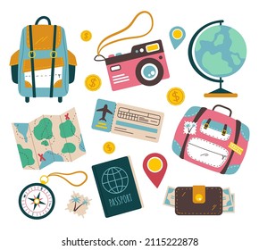 Tourist travel vacation journey supplies accessories equipment isolated set. Vector flat graphic design illustration