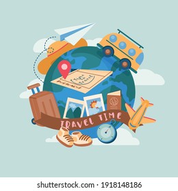 Tourist Travel Vacation Trip Objects Around the World Collection, Vector, Illustration