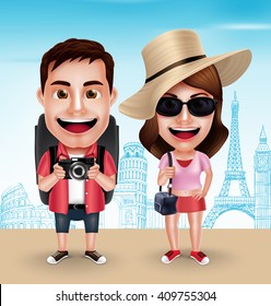 Tourist Traveler Couple Vector Characters Wearing Casual with Traveling Bags