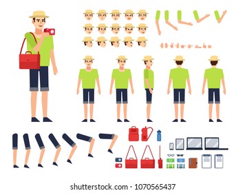 Tourist, traveler creation kit. Create your own pose, action, animation. Various emotions, gestures, design elements. Flat design vector illustration