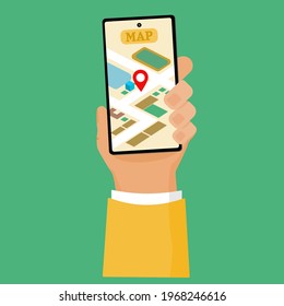 A tourist traveler hand holding smartphone mobile phone with map guiding way to travel place result on phone screen using for travel open world explorer wild life navigation direction concept