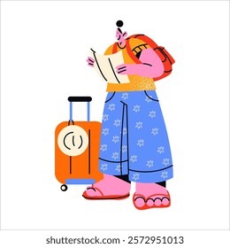 Tourist traveler with hiking backpack and suitcase. Cartoon character on a hike with a bag goes on an adventure and searches for a way with the help of maps. Doodle mascot in retro style