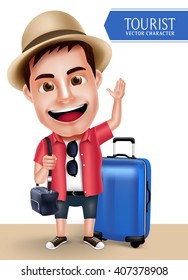Tourist Traveler Man Vector Character Wearing Casual with Traveling Bags for Travel and Hiking Isolated in White Background. Vector Characters Set
