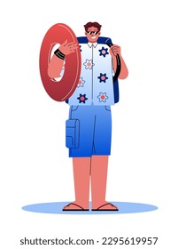 Tourist or traveler. Smiling guy in sunglasses with backpack holds lifebuoy and goes on summer vacation to sea. Journey or trip abroad. Cartoon flat vector illustration isolated on white background