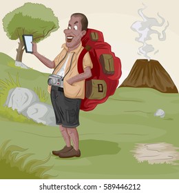 Tourist traveling with backpack and exploring active volcano in vector