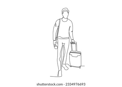 A tourist traveling with a suitcase. World tourism day one-line drawing