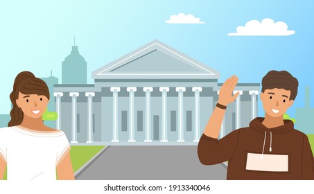 Tourist traveling in USA. Couple or friends stand near the famous white house building in Washington, landmark of the city. Portrait of a guy and a girl near a historic building with columns