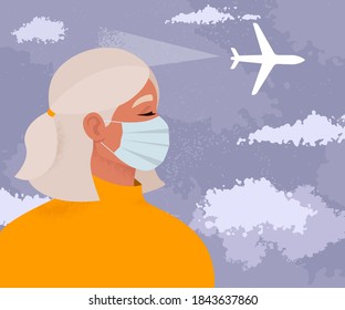 Tourist travelling during a pandemic concept. Beautiful woman wearing a protective medical mask on the sky background with a plane. Passenger staying safe from Covid-19. Flat vector illustration